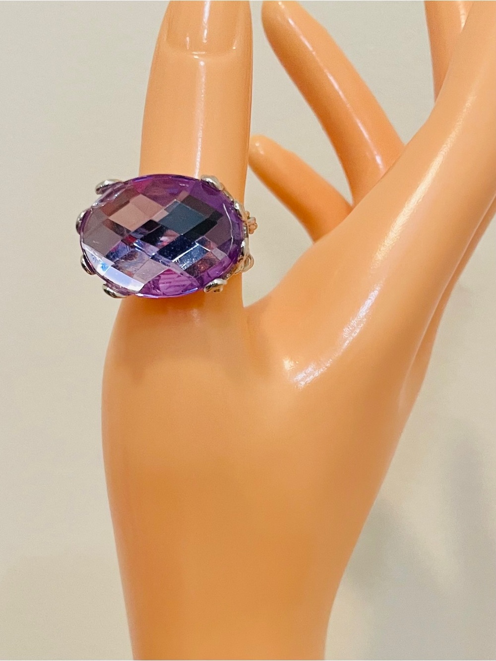 Vintage Purple Amethyst Rhinestone Adjustable Silver Tone Statement Ring - Picture 7 of 9